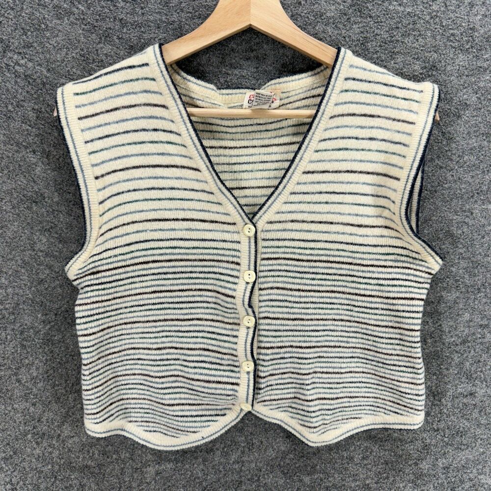 Casual Corner Vest Women L Large White Striped V-Neck Button Sleeveless Wool